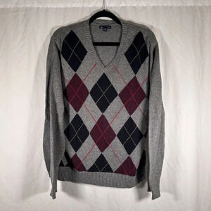 Gap Sweater Men's Medium Grey Blue Diamond Knit V-neck Long Sleeve